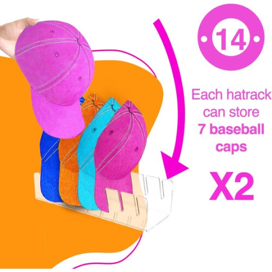 Hat Stand - Acrylic Baseball Cap Display Holder for 14 Caps, Clear Design, No Installation Needed, 2 Pack